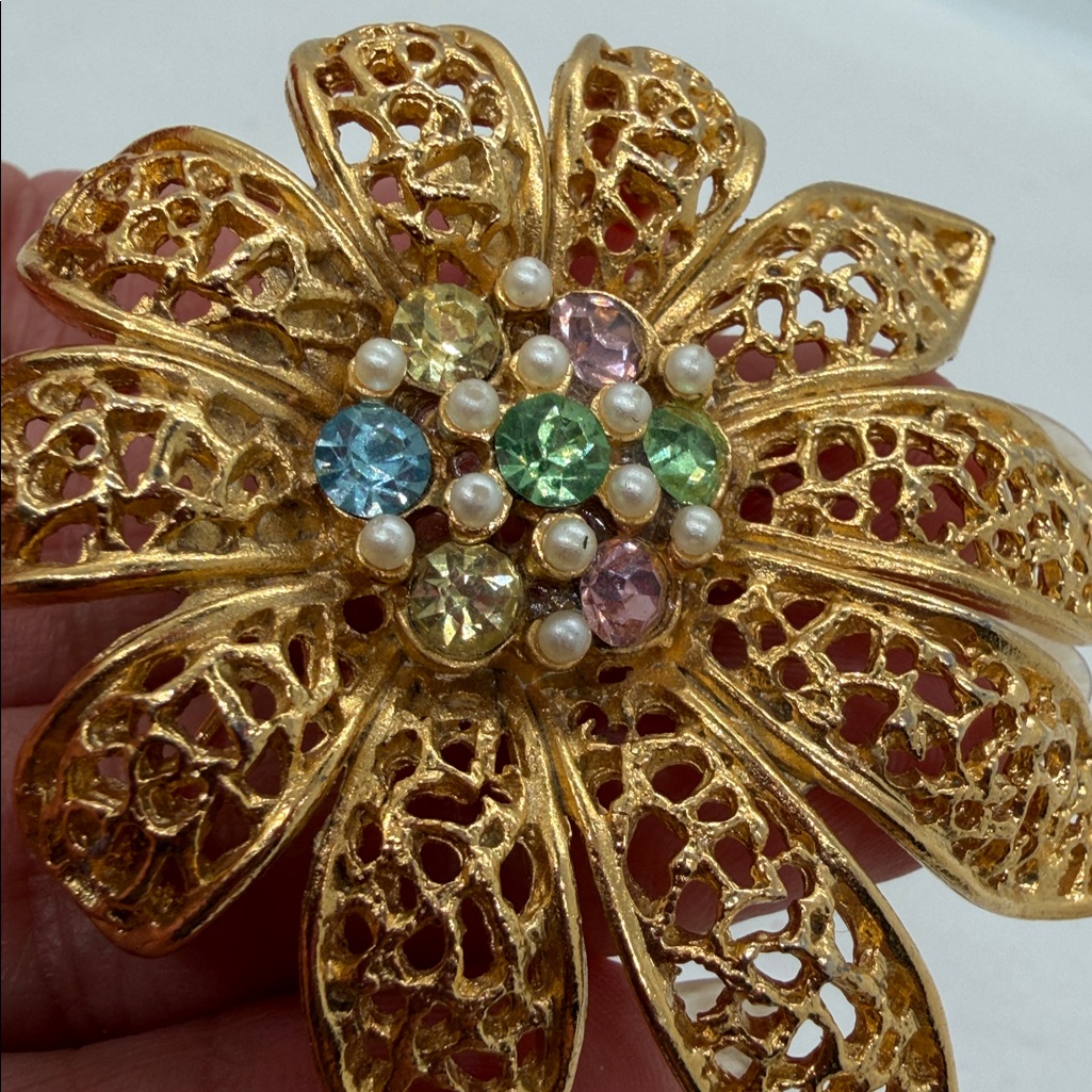 Gold Floral Brooch With Multicolor Gems